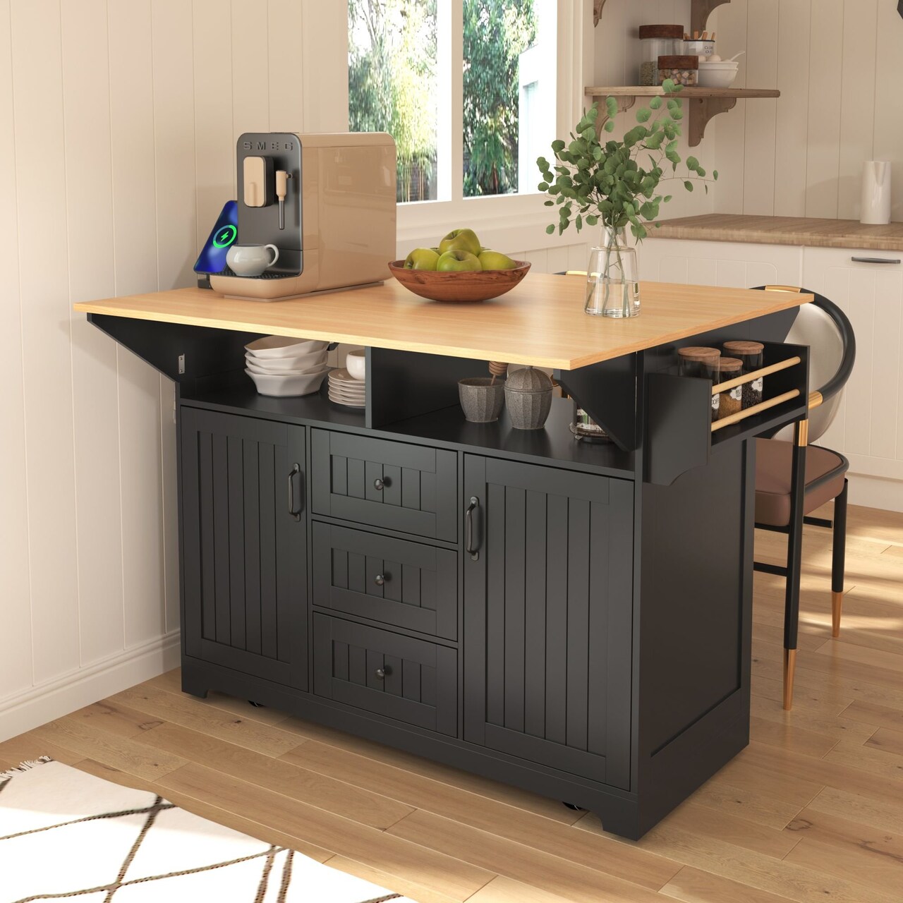 Edge Collections -55.7" x 34"-Black-Versatile Kitchen Island with Power Outlet and Storage-1 pcs